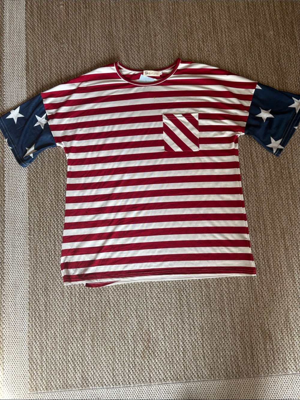 USA-Red & White Striped Tee with Navy Star Sleeves